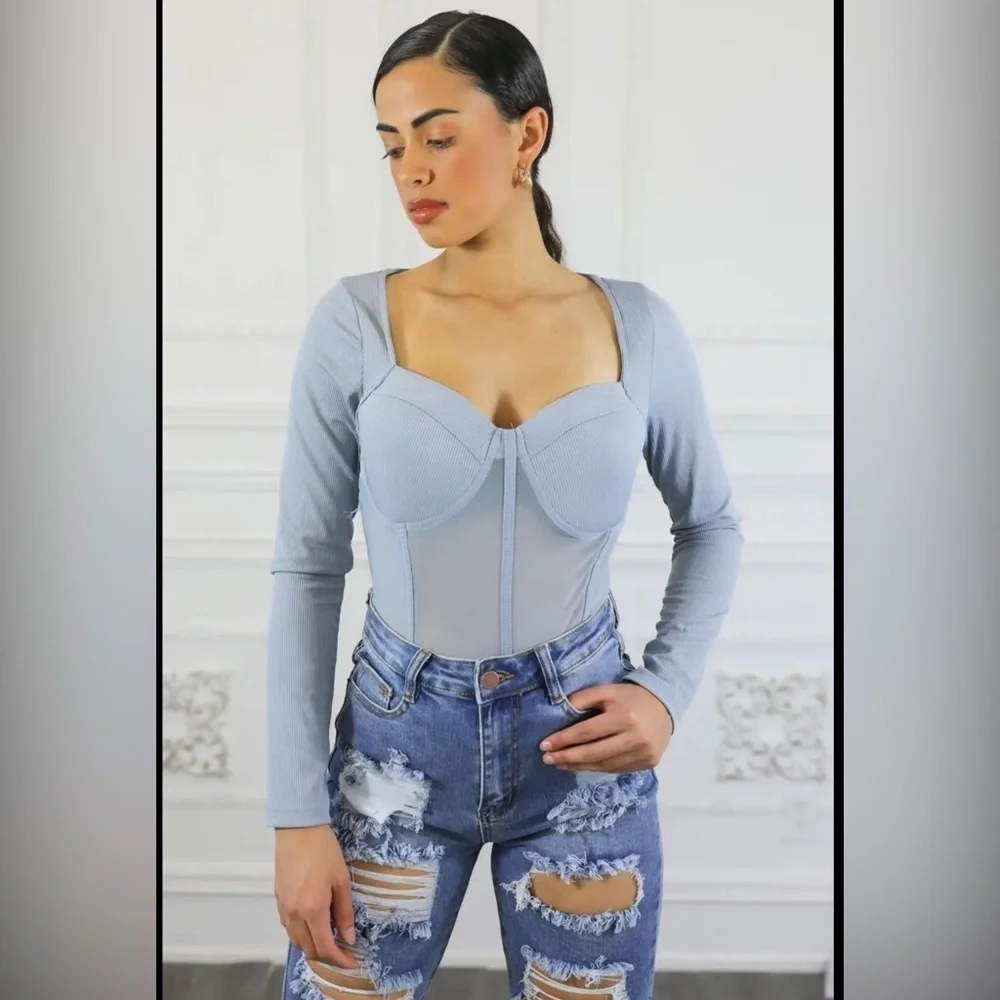 Women's Blue Long Sleeve bodysuit Top - Picture 1 of 3